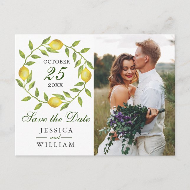 Sweet Lemons Greenery PHOTO Wedding Save the Date Postcard (Front)