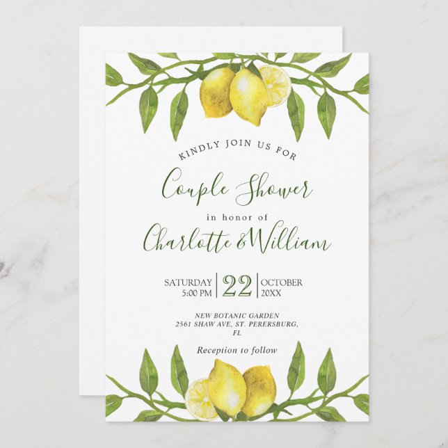 Sweet Lemons & Greenery Watercolor Couple Shower Invitation (Front/Back)