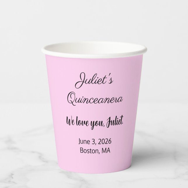 Sweet Letters: Pink on Black Quinceanera  Paper Cups (Back)