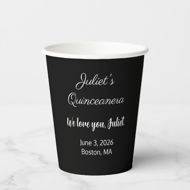 Sweet Letters:  White on Black Quinceanera  Paper Cups (Back)