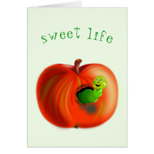 Sweet Life Card Playful Worm In Red Apple