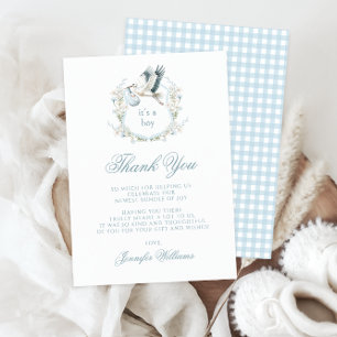 Sweet Light Blue Stork Crest Baby Boy Shower Thank You Card