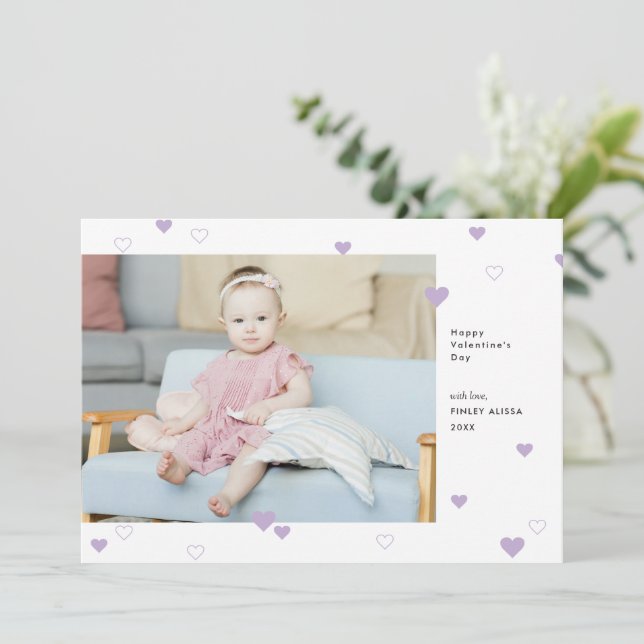 Sweet Lilac Hearts Happy Valentine's Day Photo Holiday Card (Standing Front)