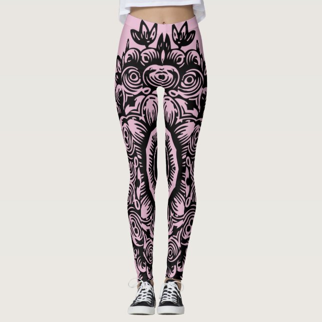 Sweet Lilac with Black Damask Pattern Athletic Leggings (Front)