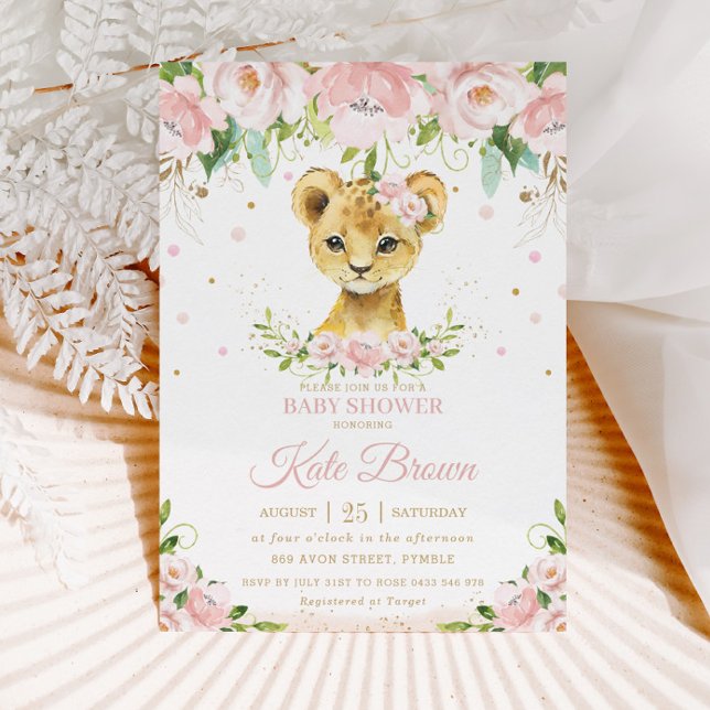 Sweet Lion Blush Pink Floral Gold Girl Baby Shower Invitation (Creator Uploaded)