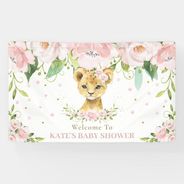 Sweet Lion Cub Blush Pink Floral Backdrop Welcome Banner (Horizontal)