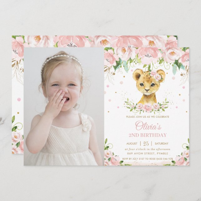 Sweet Lion Cub Blush Pink Floral Birthday Photo Invitation (Front/Back)