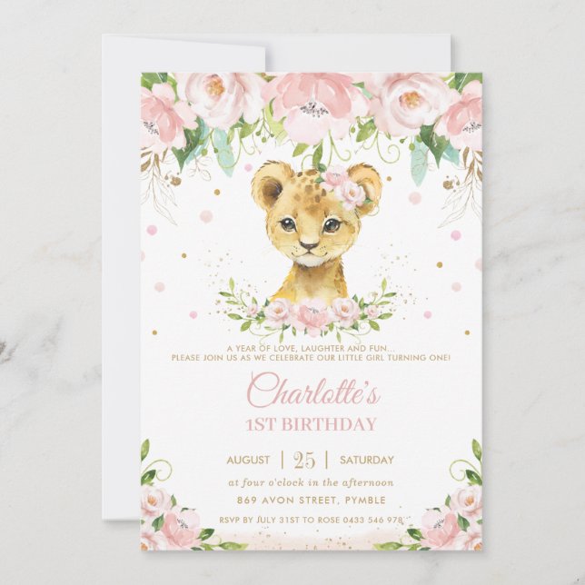Sweet Lion Cub Blush Pink Floral Gold 1st Birthday Invitation (Front)