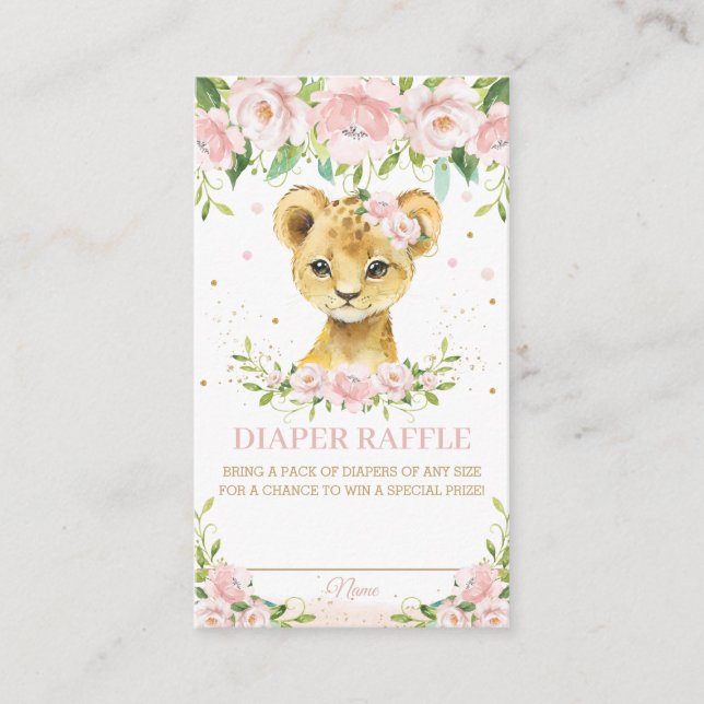 Sweet Lion Cub Pink Blush Floral Diaper Raffle Enclosure Card (Front)