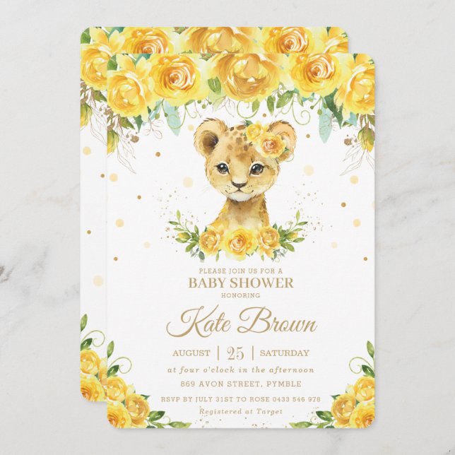 Sweet Lion Yellow Floral Gold Girl Baby Shower Invitation (Front/Back)