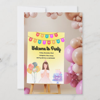 Sweet Little Birthday Girl with Balloons & Cake Th Save The Date