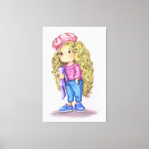 Sweet Little Blonde Girl Bunny Toy Love - Drawing Canvas Print