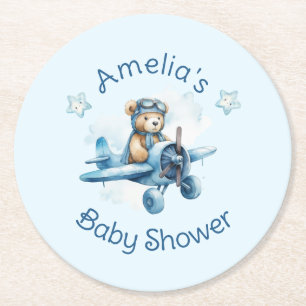 Sweet Little Boy on the Way Baby Shower Round Paper Coaster
