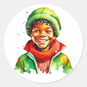 Sweet Little Boy Watercolor Christmas Classic Round Sticker