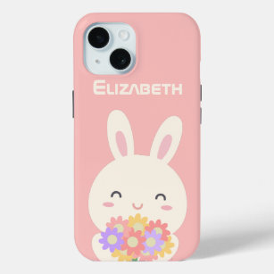 Sweet Little Bunny & Flowers Custom Name Pink iPhone 15 Case