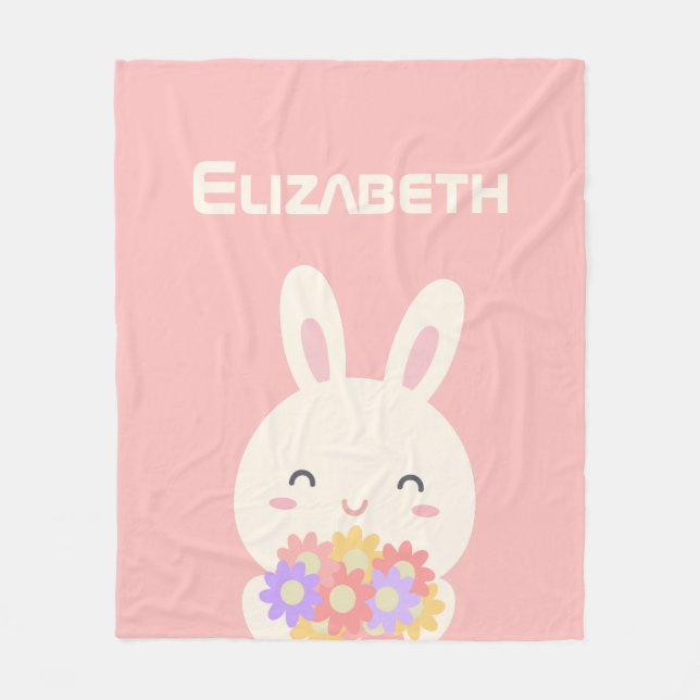 Sweet Little Bunny & Flowers Custom Name Pink Fleece Blanket (Front)