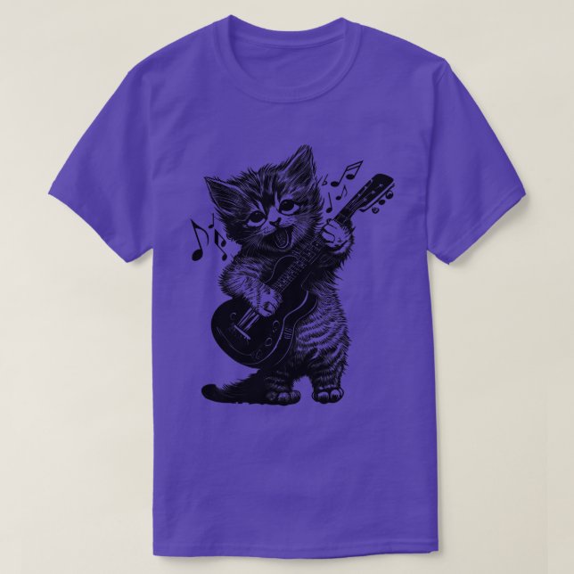Sweet Little Cat Playing Electric Guitar T-Shirt (Design Front)