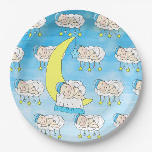 Sweet Little Caucasian Baby Sleeping on the Moon Paper Plate