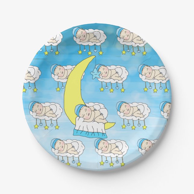 Sweet Little Caucasian Baby Sleeping on the Moon Paper Plate (Front)