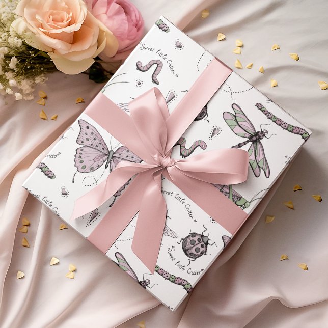 Sweet Little Critter Delicate Blush Pink & White Wrapping Paper (An adorable, feminine yet whimsical Insect Wrapping Paper pattern for baby girls or mothers-to-be :))