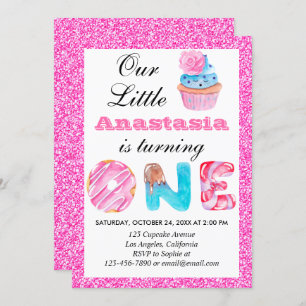 Sweet Little Cupcake Pink Glitter 1st Birthday One Invitation
