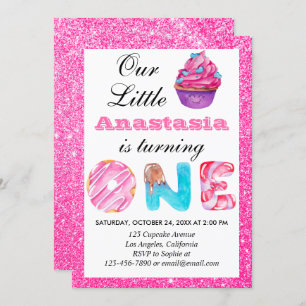 Sweet Little Cupcake Pink Glitter 1st Birthday One Invitation