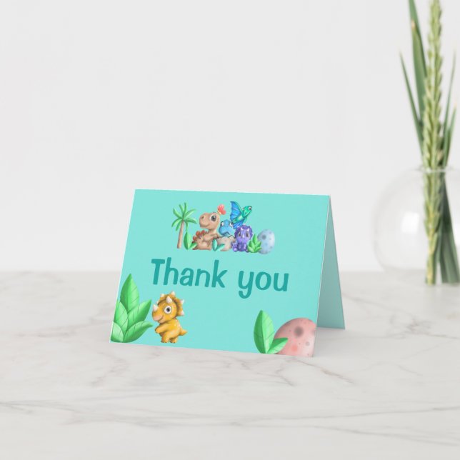 Sweet Little Dino on his Way Baby Shower Thank You Card (Front)