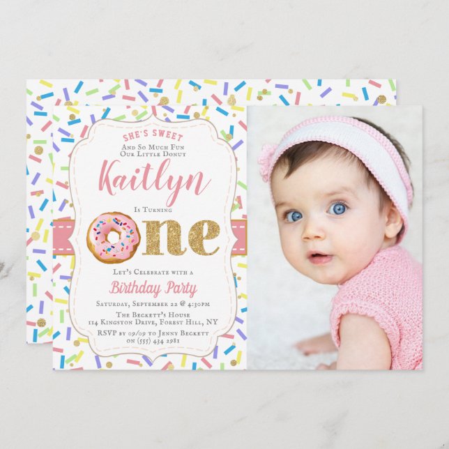 Sweet Little Doughnut Girls 1st Birthday Invitatio Invitation (Front/Back)
