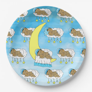 Sweet Little Ethnic Baby Sleeping on the Moon Paper Plate