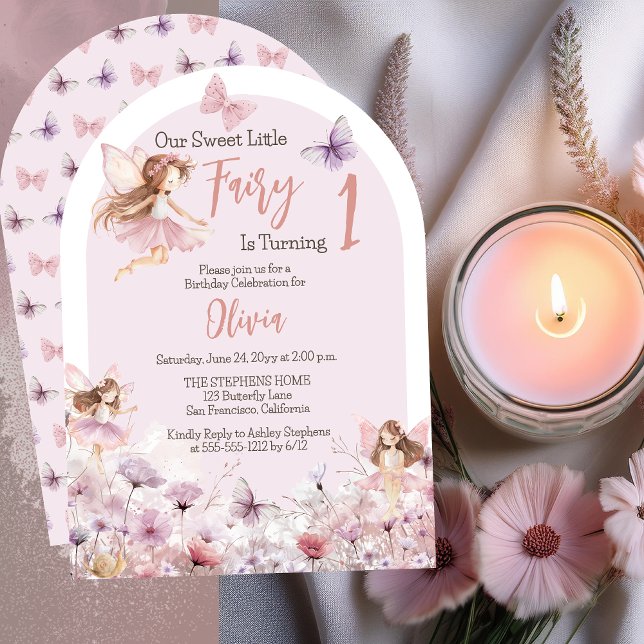 Sweet Little Fairy Wildflowers 1st Birthday Party Invitation ("Our Sweet Little Fairy Is Turning 1" Enchanting Fairies Girl 1st Birthday Party Arched Invitation)