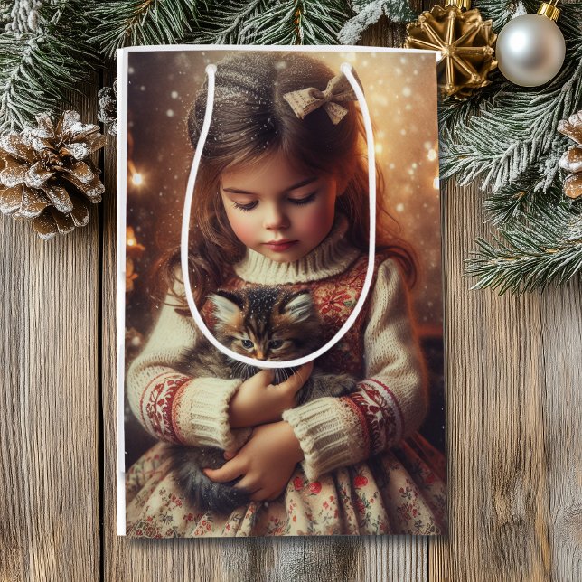 Sweet Little Girl and Kitten Christmas Medium Gift Bag (Creator Uploaded)