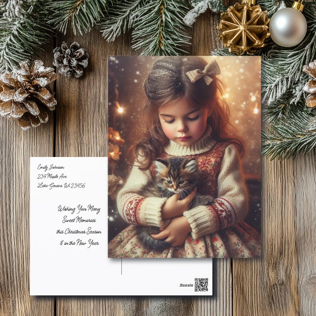 Sweet Little Girl and Kitten Christmas Postcard (Creator Uploaded)