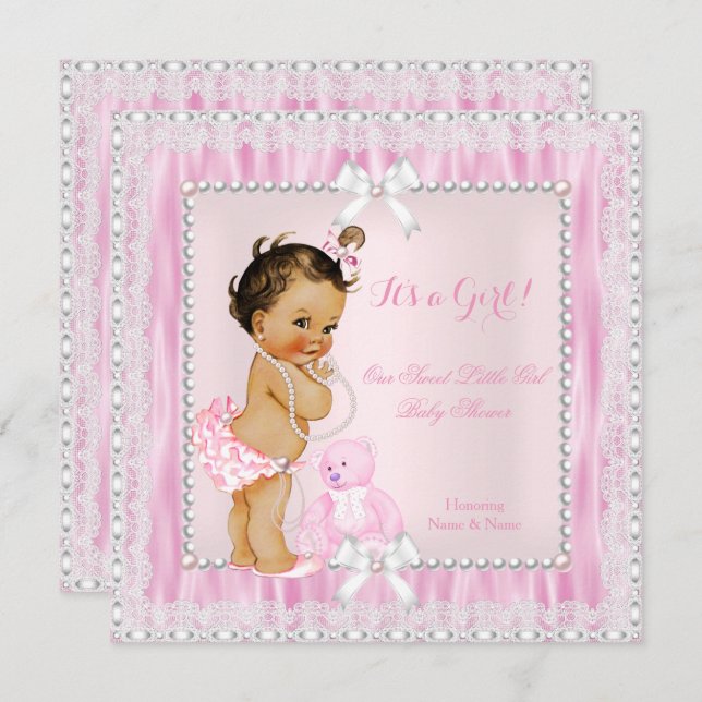 Sweet Little Girl Baby Shower Pearls Lace Brunette Invitation (Front/Back)