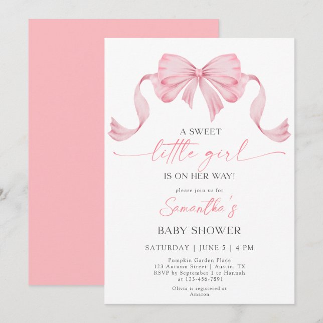 Sweet Little Girl Coquette Bow Border Baby Shower Invitation (Front/Back)