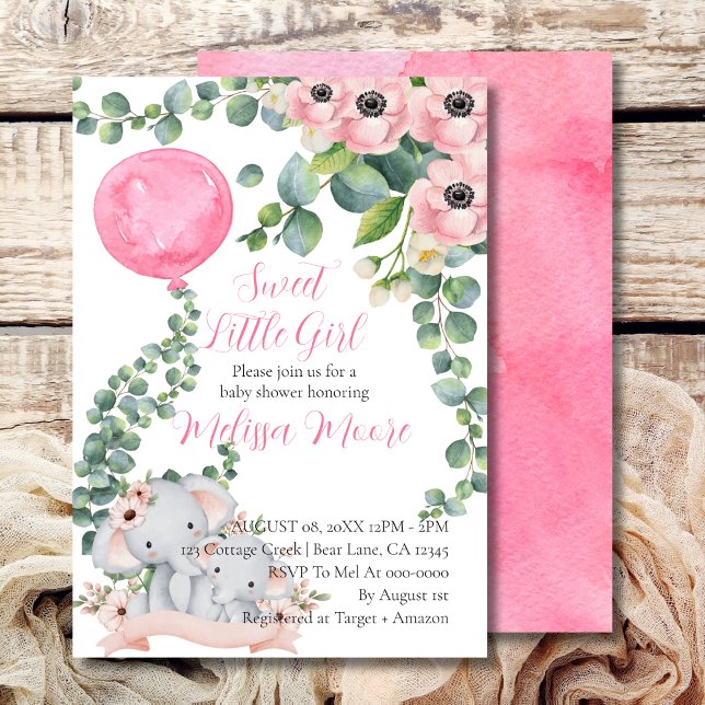 Sweet Little Girl Pink Balloon Eucalyptus Elephant Invitation (Creator Uploaded)