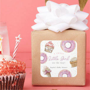 Sweet Little Girl Pink Cupcake & Doughnut Baby Sho Square Sticker