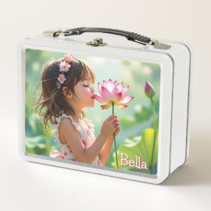 Sweet Little Girl Smelling a Flower Personalized Metal Lunch Box
