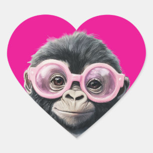Sweet Little Gorilla Dark Pink Background Heart Sticker