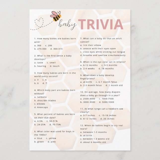 Sweet Little Honey Baby Shower Baby Trivia Card (Front)