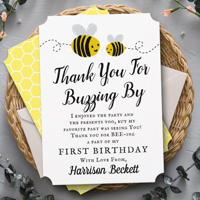 Sweet Little Honey Bee 1st Birthday Thank You Card (Creator Uploaded)