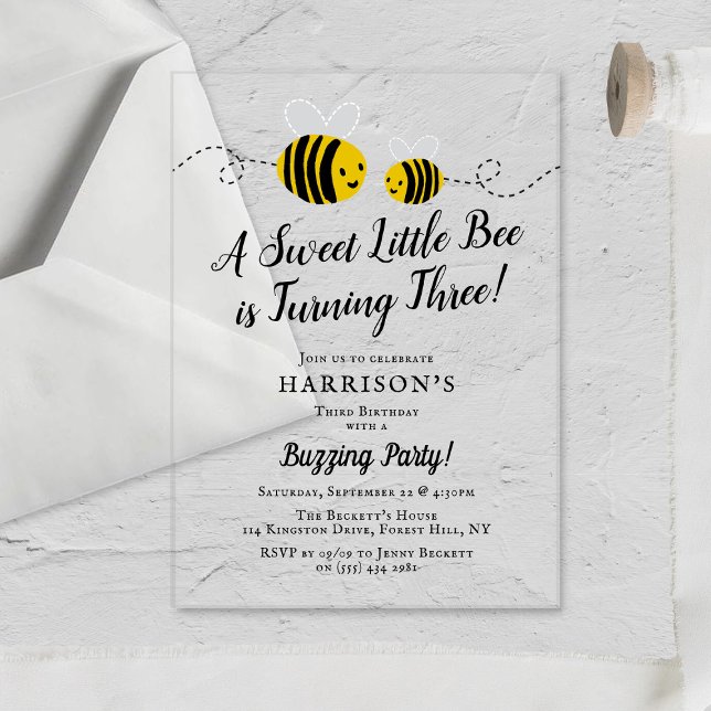 Sweet Little Honey Bee 3rd Birthday Party Acrylic Invitations (Creator Uploaded)