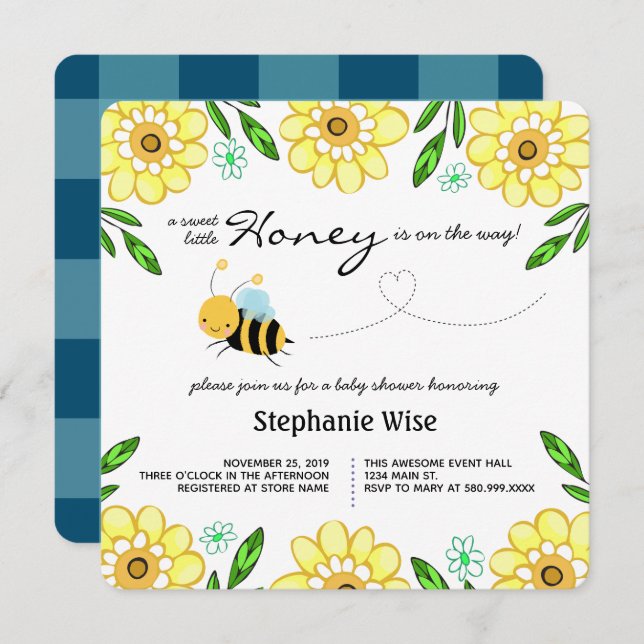 Sweet little Honey Bee Baby Shower Floral Invitation (Front/Back)