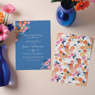 Sweet Little Honey On The Way   Blue Floral Bee Invitation