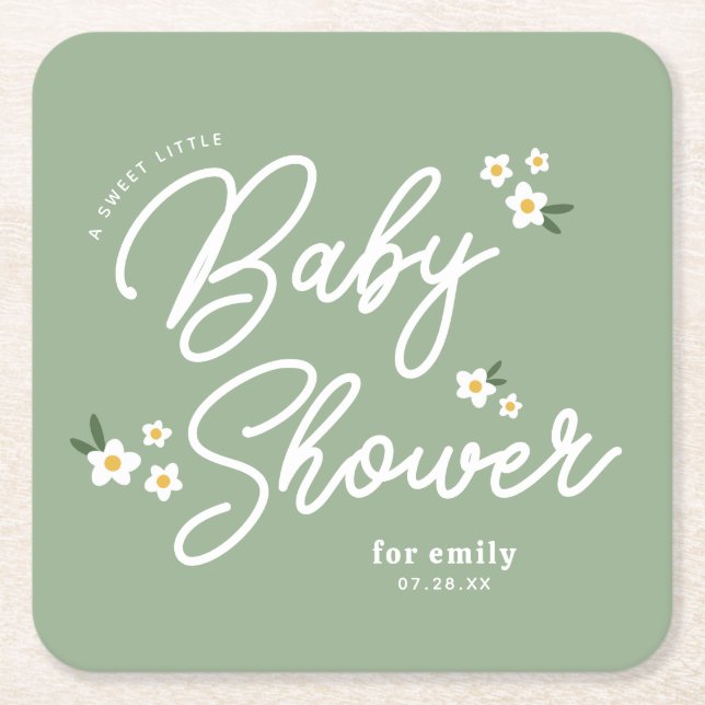 Sweet Little Lady Daisy Sage Green Baby Girl Square Paper Coaster (Front)