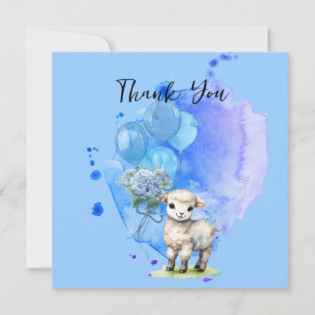 Sweet Little Lamb Blue Hyrangea Square Thank you Invitation (Front)
