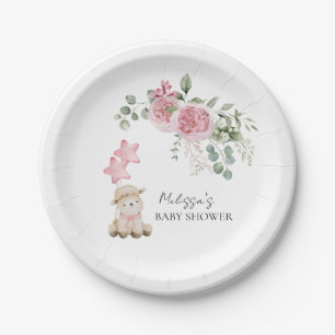 Sweet Little Lamb Girl Pink Roses Flower Greenery  Paper Plate