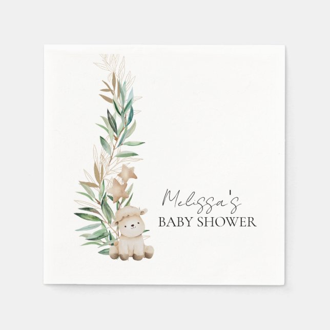 Sweet Little Lamb Greenery Botanical Personalise Napkin (Front)