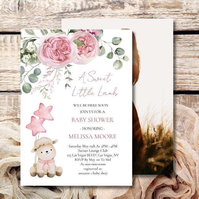Sweet Little Lamb Mauve Pink baby shower photo Invitation (Creator Uploaded)