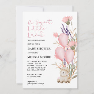 Sweet Little Lamb pink balloon wildflower Invitation