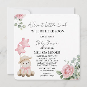 Sweet Little Lamb Pink Watercolor Flowers Invitation